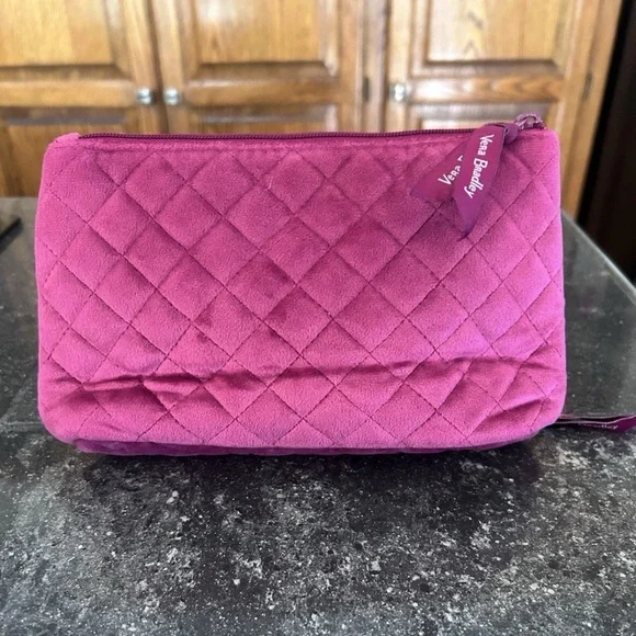 Vera Bradley Magenta Velvet Quilted Cosmetic Bag with Outside Zipper Pocket. - Picture 2 of 7